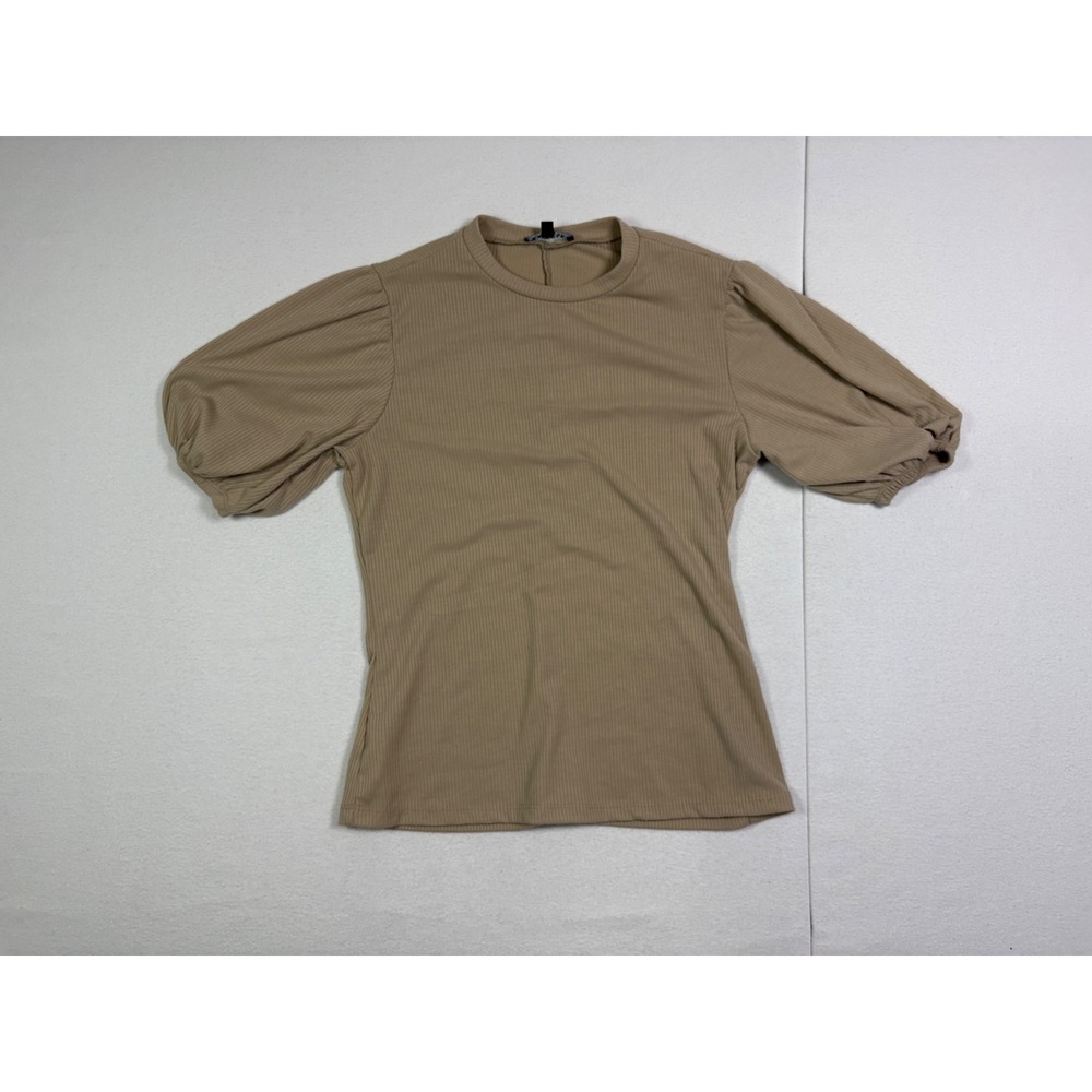 Express Womens Small Tan Ribbed Puff Sleeve Crew Neck Top Made in USA